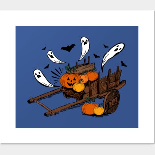 Wooden cart with different pumpkins Posters and Art